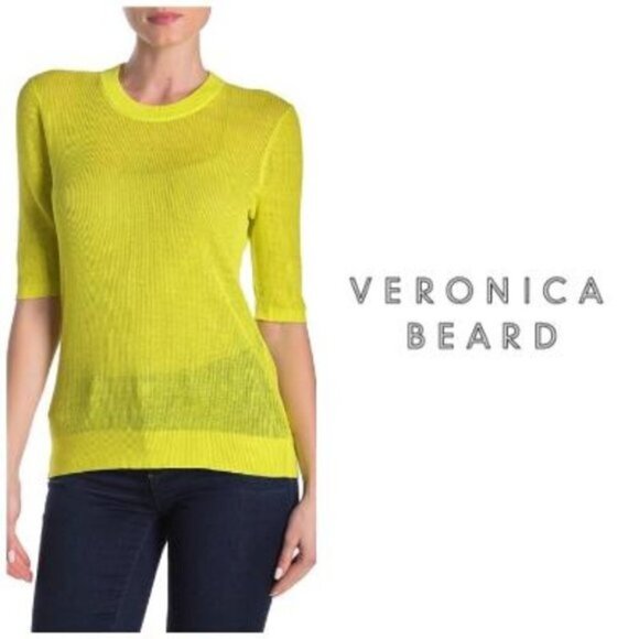 Veronica Beard Womens Chartreuse Crew Elbow Sleeve Linen Blend Sweater Sz S New - Picture 5 of 9